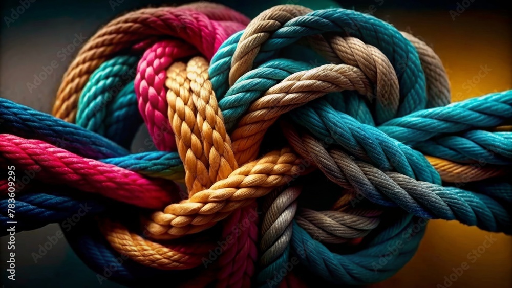 Closeup of colorful ropes intertwined in a knot