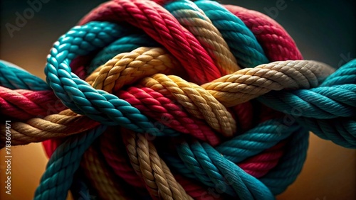 Closeup of colorful ropes intertwined in a knot