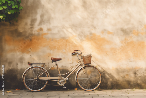 A vintage bicycle leaning against a brick wall photo