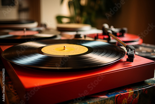 A collection of vintage vinyl records on a turntable photo