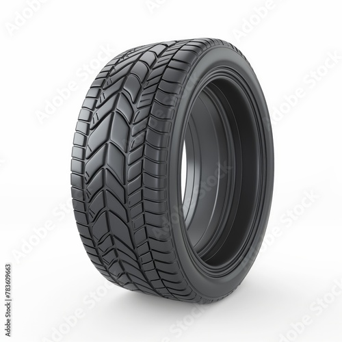 Single black car tire with detailed tread design isolated on a white background, symbolizing mobility and automotive technology.