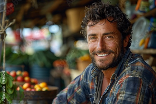 A jovial man in a denim shirt smiles in front of a colorful fruit stand, exuding a friendly market vibe