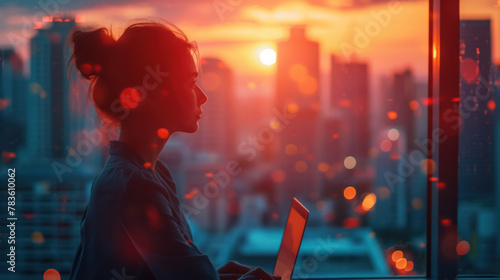girl sitting at her desk looking out at the sunset over the city