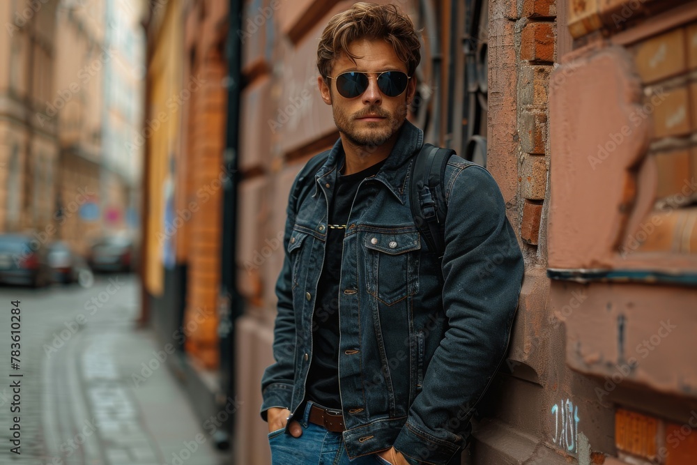Fototapeta premium Handsome young man with a trendy look leaning against an urban street wall