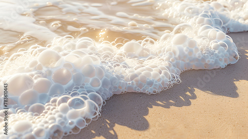Fototapeta Naklejka Na Ścianę i Meble -  jellyfish in the sea, Sea foam on the sand on sunny day, Close Up Wave Sand Beach Sea Foam Closeup of sea wave with foam on beach sand Vacation Summer background.