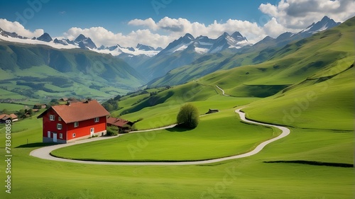  A high-resolution landscape depicting an award-winning scene of a red house nestled among green grassy hills with a winding road, all captured in the style of Adobe Stock in Switzerland. The shot sho photo
