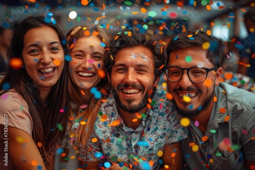 A group of four diverse friends share a joyous moment together, enveloped in a swirl of colorful confetti