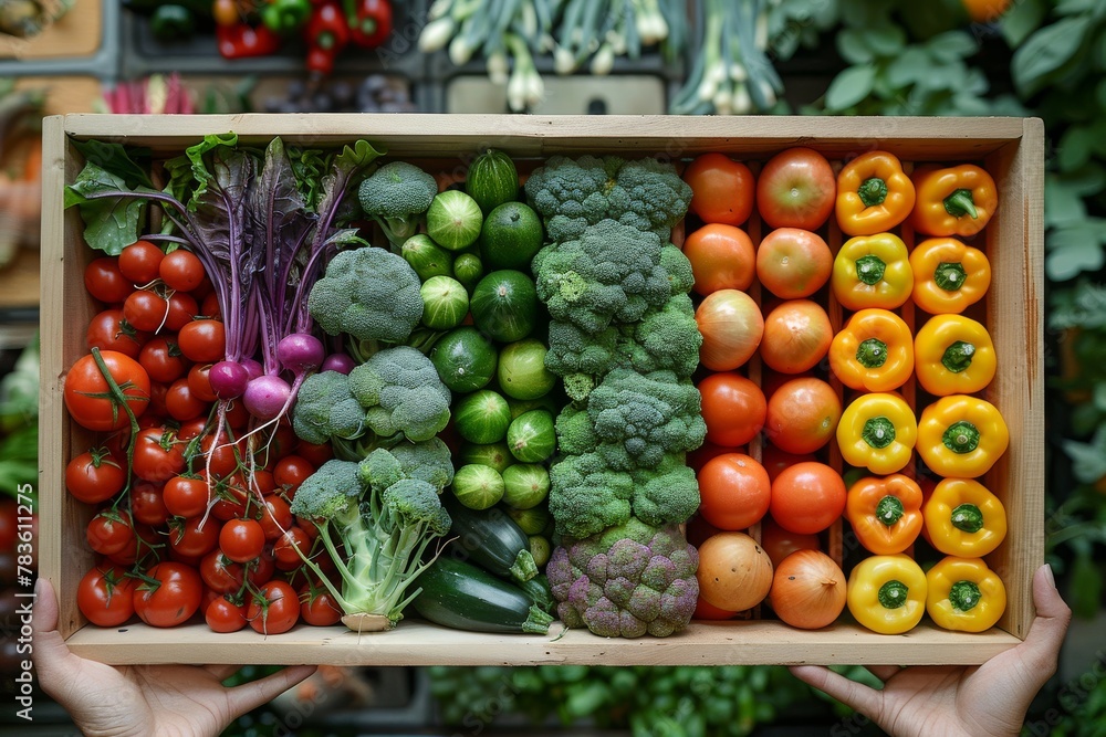 An over-head view captures a colorful and arranged assortment of fresh vegetables and fruits neatly organized in a wooden tray held by hands An over-head view captures a colorful and arranged assortment of fresh vegetables and fruits neatly organized in a wooden tray held by hands