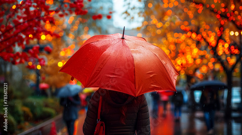 Girl with backpack holding bright umbrella  walking under the rain along the street of the city. Autumn rainy day. The view from the back.