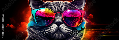  a Cat Wearing Sunglasses Looks Cool. stylish cat with glasses On a Colorful Background 