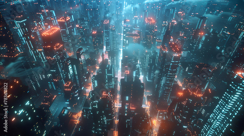3D rendering of abstract digital city with wireframe buildings and lights,Digital visualization of smart grid electricity transmission in a vibrant city,Smart network and Connection technology