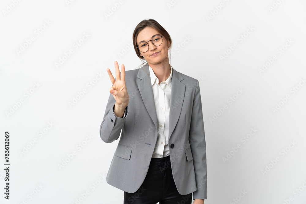 Business Ireland woman isolated on white background happy and counting three with fingers