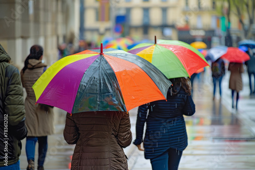 Vibrant Daily Scenes: Colorful Umbrellas and People Walking on a City Sidewalk During a Rainy Day