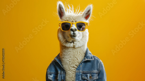 A fashionable alpaca with a denim jacket and sunglasses, exuding charm and charisma against a sunny yellow background. , full depth of field in focus, © LensCrafted