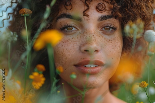 A close-up portrait of a woman with freckles surrounded by vibrant yellow wildflowers and greenery