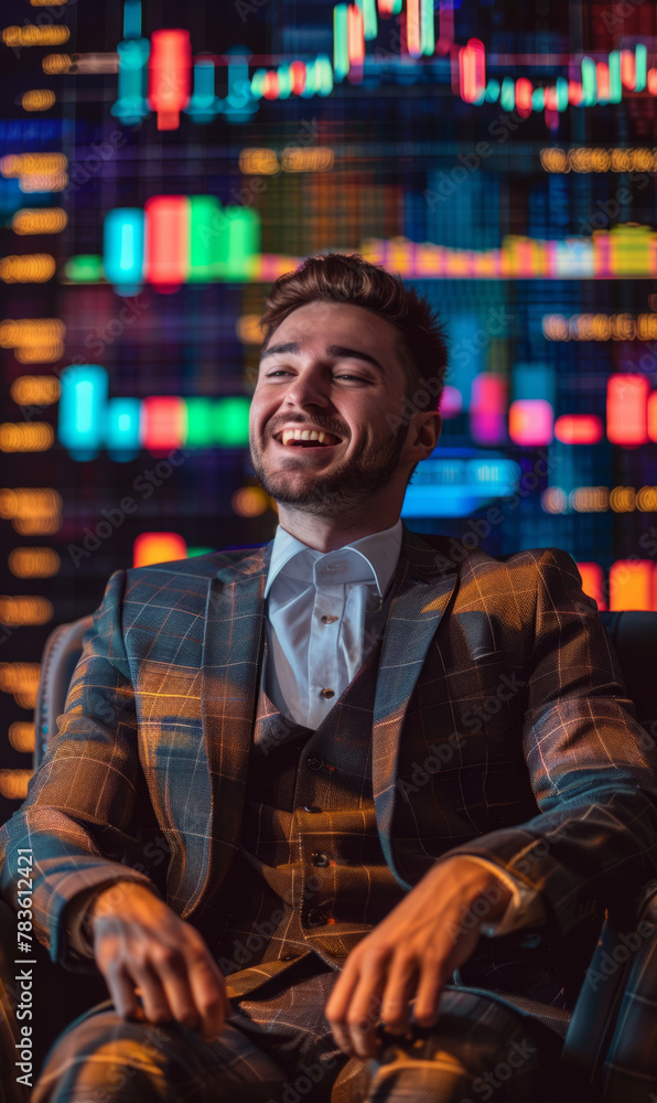Handsome young man wearing an expensive fashion suit, he looks really happy and is sitting in a luxury chair, background is full of trading charts.