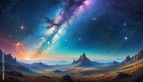 As dawn breaks  a spectacular cosmic display illuminates the horizon of an otherworldly landscape  with celestial wonders sprawled across the sky.. AI Generation