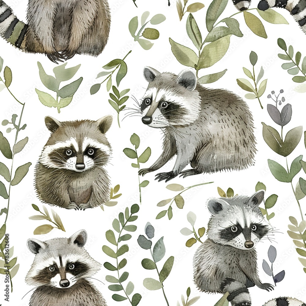 Obraz premium Playful watercolor raccoons, seamless forest pattern, curious and mischievous. Seamless pattern, Fabric Pattern, Tumbler Wrap, Mug Wrap.