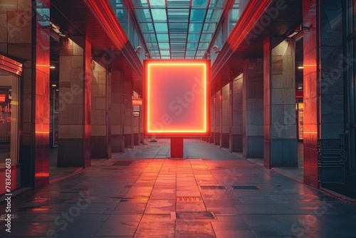 A captivating neon red square lights up a modern urban corridor with sleek architectural lines and reflections