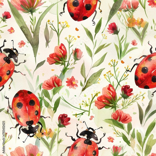 Light watercolor ladybugs, seamless garden pattern, cute and lucky. Seamless pattern, Fabric Pattern, Tumbler Wrap, Mug Wrap. © Thanthara