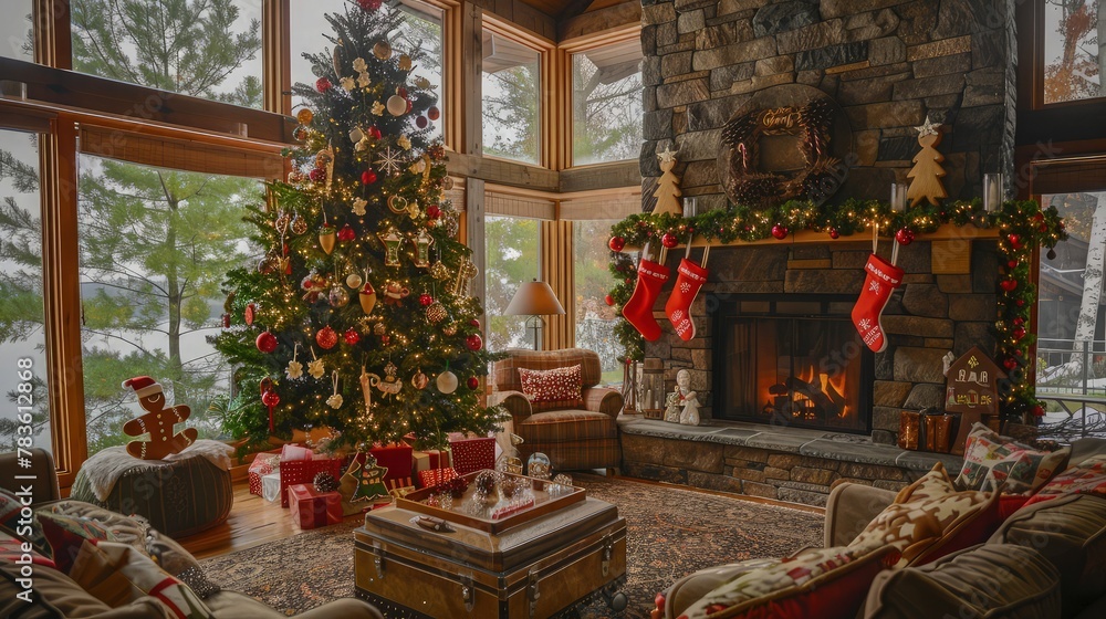 A beautifully designed Christmas living room with a tree decorated with colorful ornaments. A circular mirror on the wall reflects the tree's twinkling lights, adding to the holiday charm.