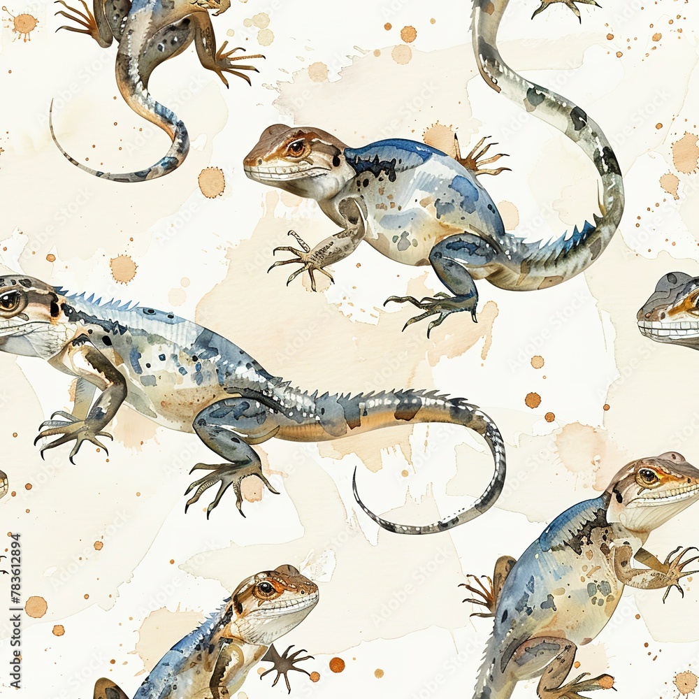 Naklejka premium Light watercolor lizards, seamless desert pattern, cool and camouflaged. Seamless pattern, Fabric Pattern, Tumbler Wrap, Mug Wrap.