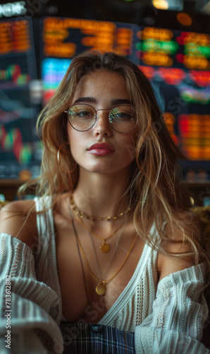 Cute young woman looks really happy and is sitting in a luxury chair, background is full of trading charts.