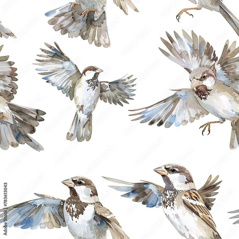 Fototapeta premium Light watercolor sparrows, seamless sky pattern, small and free. Seamless pattern, Fabric Pattern, Tumbler Wrap, Mug Wrap.