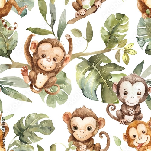 Watercolor monkeys, seamless jungle antics, playful and curious . Seamless pattern, Fabric Pattern, Tumbler Wrap, Mug Wrap.