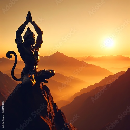 Lord Hanuman practicing meditation on the park of mountain photo