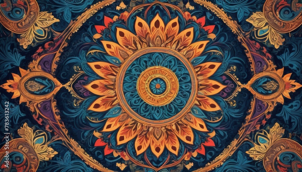 Exquisite digital artwork featuring a complex mandala pattern with rich, ornate details and a harmonious blend of warm and cool tones.. AI Generation