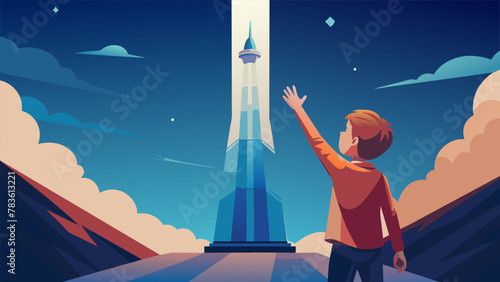 A child points up at the majestic space elevator their face lit up with a combination of fascination and optimism as if the very sight of it is