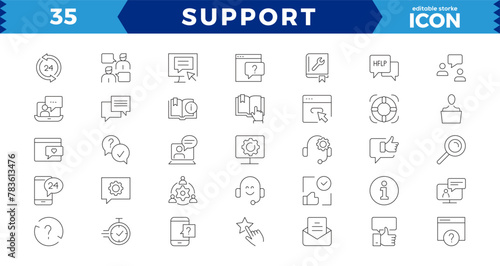 Customer Service and Support - Outline Icon Collection. Thin Line Set contains such Icons as Online Help, Helpdesk, Quick Response,simple symbols collection. Vector line icons Feedback and more.