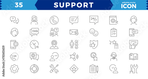 Customer Service and Support - Outline Icon Collection. Thin Line Set contains such Icons as Online Help, Helpdesk, Quick Response,simple symbols collection. Vector line icons Feedback and more.