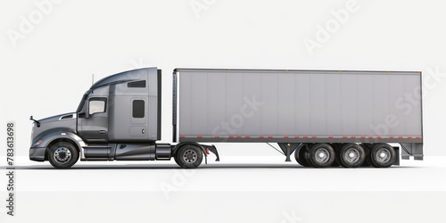 A side view of a contemporary semi-truck with a blank trailer on a seamless white background.