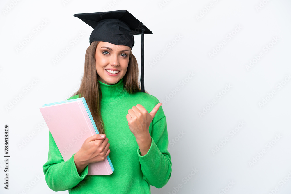 Young student caucasian woman isolated on white background pointing to the side to present a product Young student caucasian woman isolated on white background pointing to the side to present a product