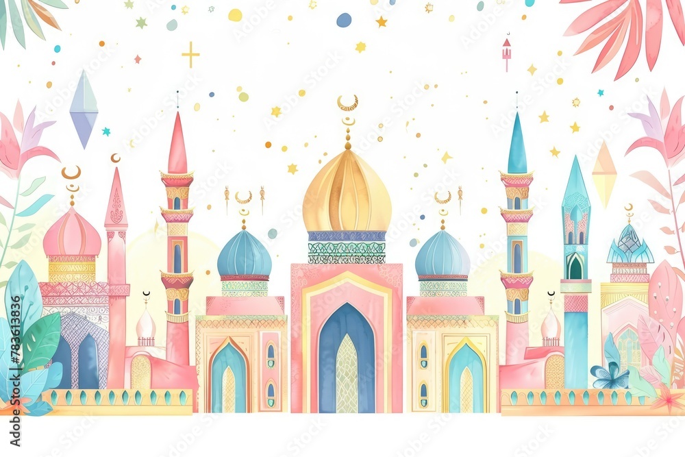 Ramadan Kareem, Eid Mubarak Al Fitr, Islamic holiday illustration, Arabic architecture, mosque