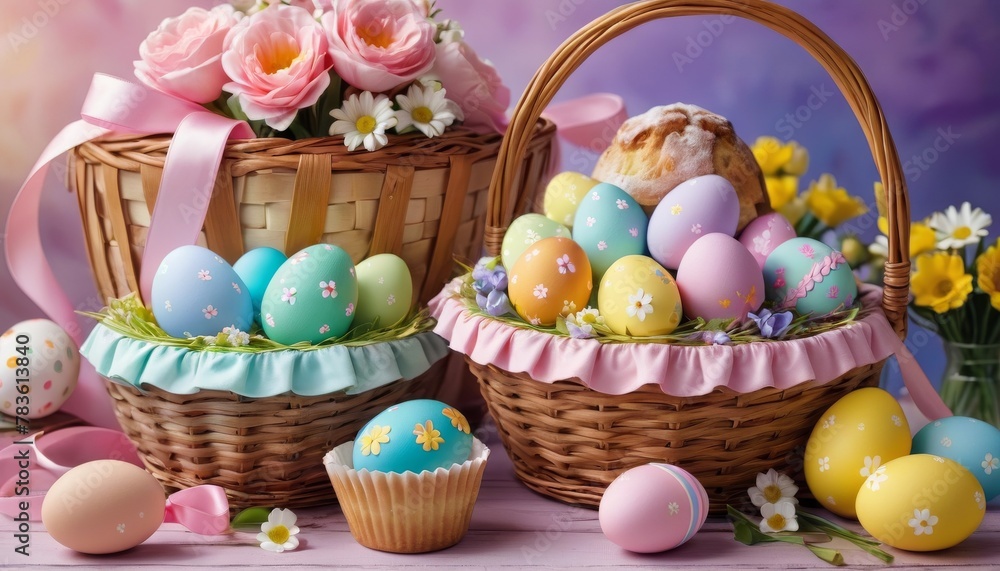 A charming Easter basket filled with pastel-painted eggs, accompanied by a variety of sweet treats and spring flowers.. AI Generation