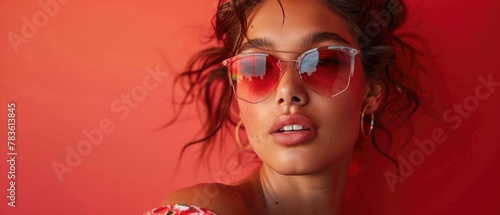 Woman wearing red sunglasses against red wall