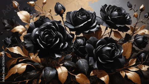 Enigmatic floral tableau featuring mysterious black roses, their velvety petals rendered with depth and nuance in oil. photo
