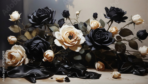 Enigmatic floral tableau featuring mysterious black roses, their velvety petals rendered with depth and nuance in oil. photo