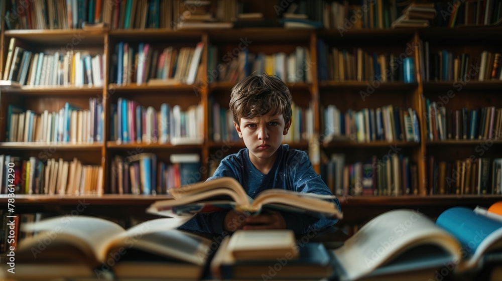unhappy boy sitting in front of book. generative ai unhappy boy sitting in front of book. generative ai