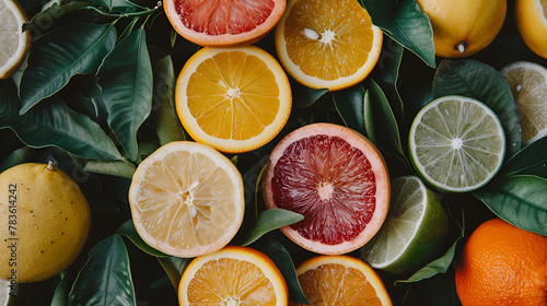 Citrus fruit background with sliced f oranges lemons lime tangerines and grapefruit as a symbol of healthy eating and immune system boost with natural vitamin,Sliced and whole citrus fruits with leav, photo