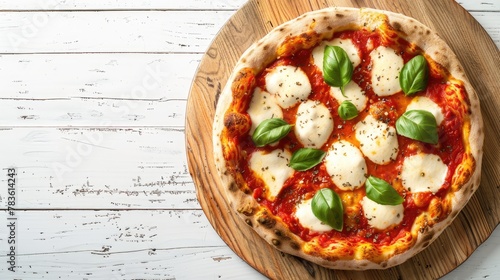an Italian pizza topped with gooey mozzarella and tangy tomato sauce, presented on a rustic wooden board against a white wood background, offering ample space for copy text or decorative elements.