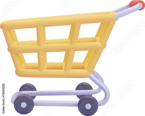 3D shopping cart isolated on white background in 3d realistic style. Shopping online, ecommerce, shopping basket. UI icon of empty shopping cart. Vector illustration.