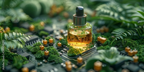 Elegantly sculpted perfume bottle resting on circuit boards overgrown with delicate ferns