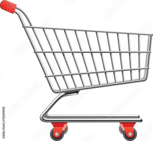 3D shopping cart isolated on white background in 3d realistic style. Shopping online, ecommerce, shopping basket. UI icon of empty shopping cart. Vector illustration.