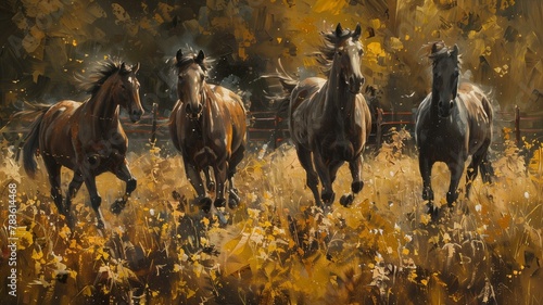 An exquisite oil painting that combines elements of realism and abstraction, showcasing graceful horses frolicking amidst a field of golden flowers.

