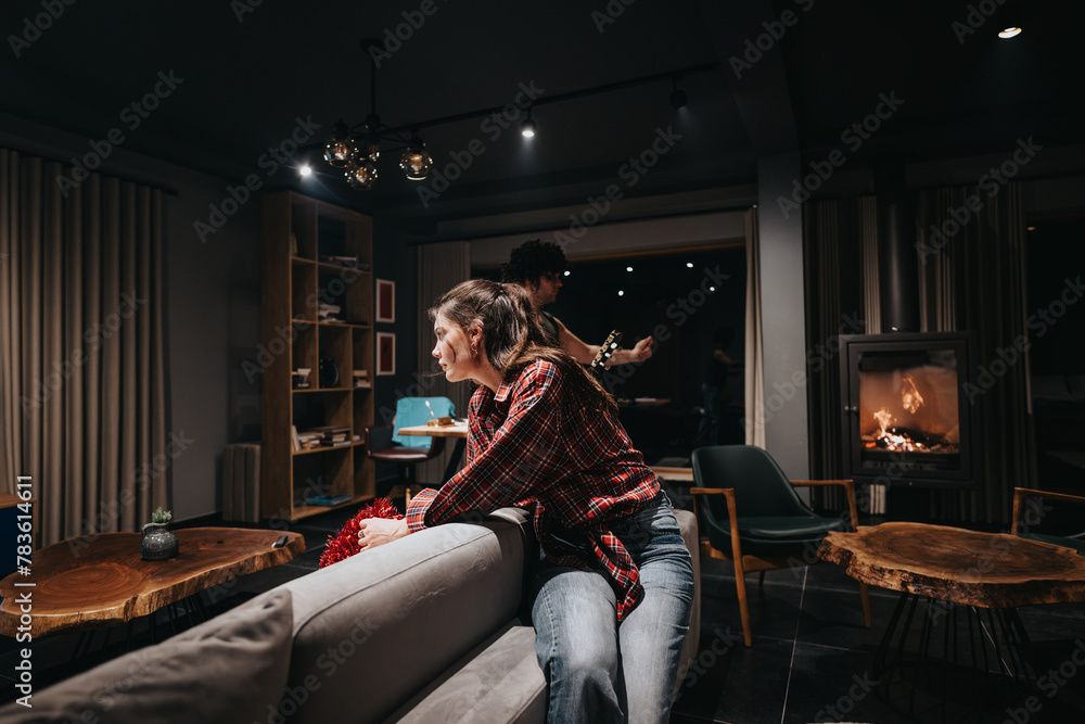 A group of friends enjoying a casual evening together in a warmly lit living room with a fireplace. A group of friends enjoying a casual evening together in a warmly lit living room with a fireplace.