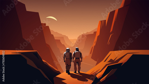A pair of astronauts stand at the edge of a deep canyon peering down at the reddishbrown walls that descend into darkness. In the distance photo
